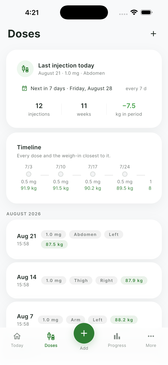 Doses screen with injection history