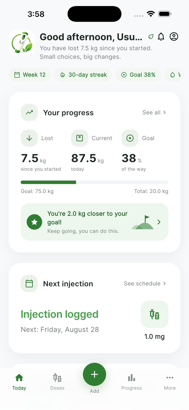 Ozemplus home screen showing weight lost, goal and next injection