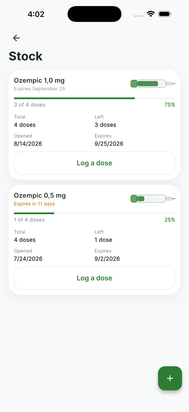 Stock screen with doses left per pen